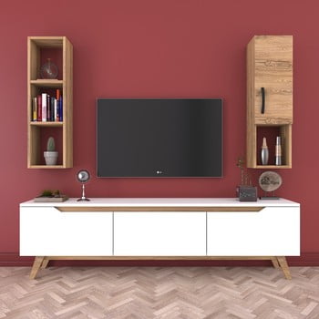 Set comodă TV și raft de perete cu 1 ușă Wren White, natural-alb imagine