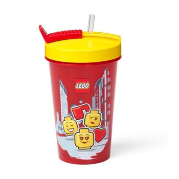 Pahar cu capac galben și pai lego® iconic, 500 ml, roşu