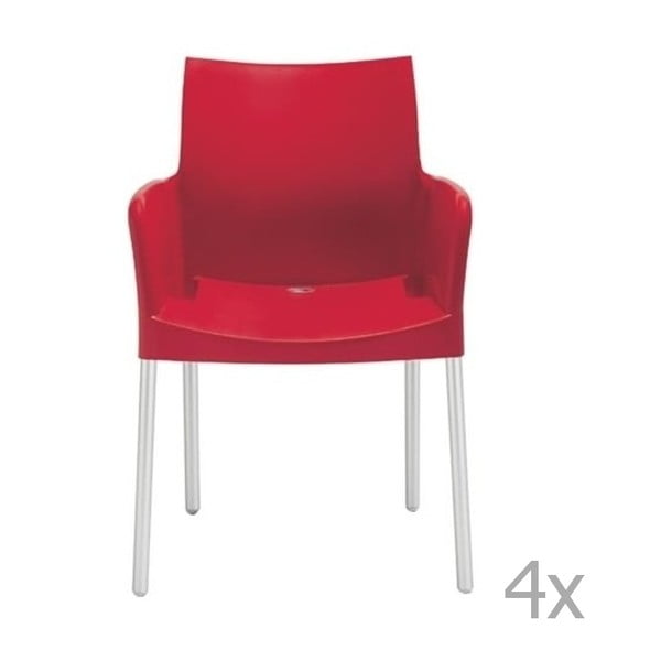 Sada 4 červených  jídelních židlí  s područkami Pedrali Ice