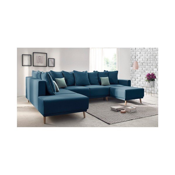 Námořnicky modrá rohová rozkládací pohovka s lenoškou Bobochic Paris Panoramique XXL Mola, pravý roh