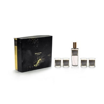 Set 4 lumânări parfumate și parfum de casă, în cutie de cadou, cu aromă de iasomie și vanilie Bahoma London de la Bahoma London