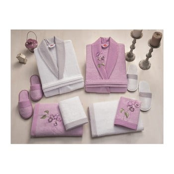 Set halate de femeie și bărbat, 2 prosoape și 2 perechi papuci family bath, alb - mov