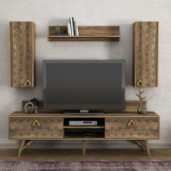Set comodă tv și dulap de perete cu aspect de lemn de nuc yakamoz