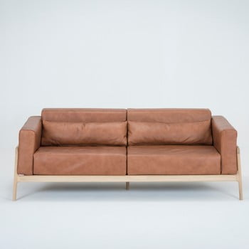 Canapea din piele bovină cu structură din lemn masiv de stejar gazzda fawn, 210 cm, maro cognac