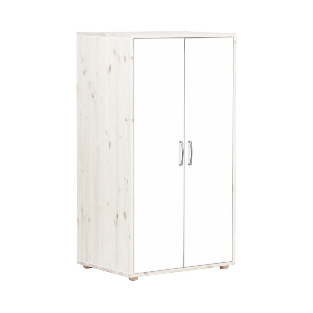 Bílá dětská šatní skříň s lakovanými dveřmi z borovicového dřeva Flexa Classic, výška 133 cm