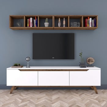 Set comodă tv și 1 etajeră de perete rani, alb-natural