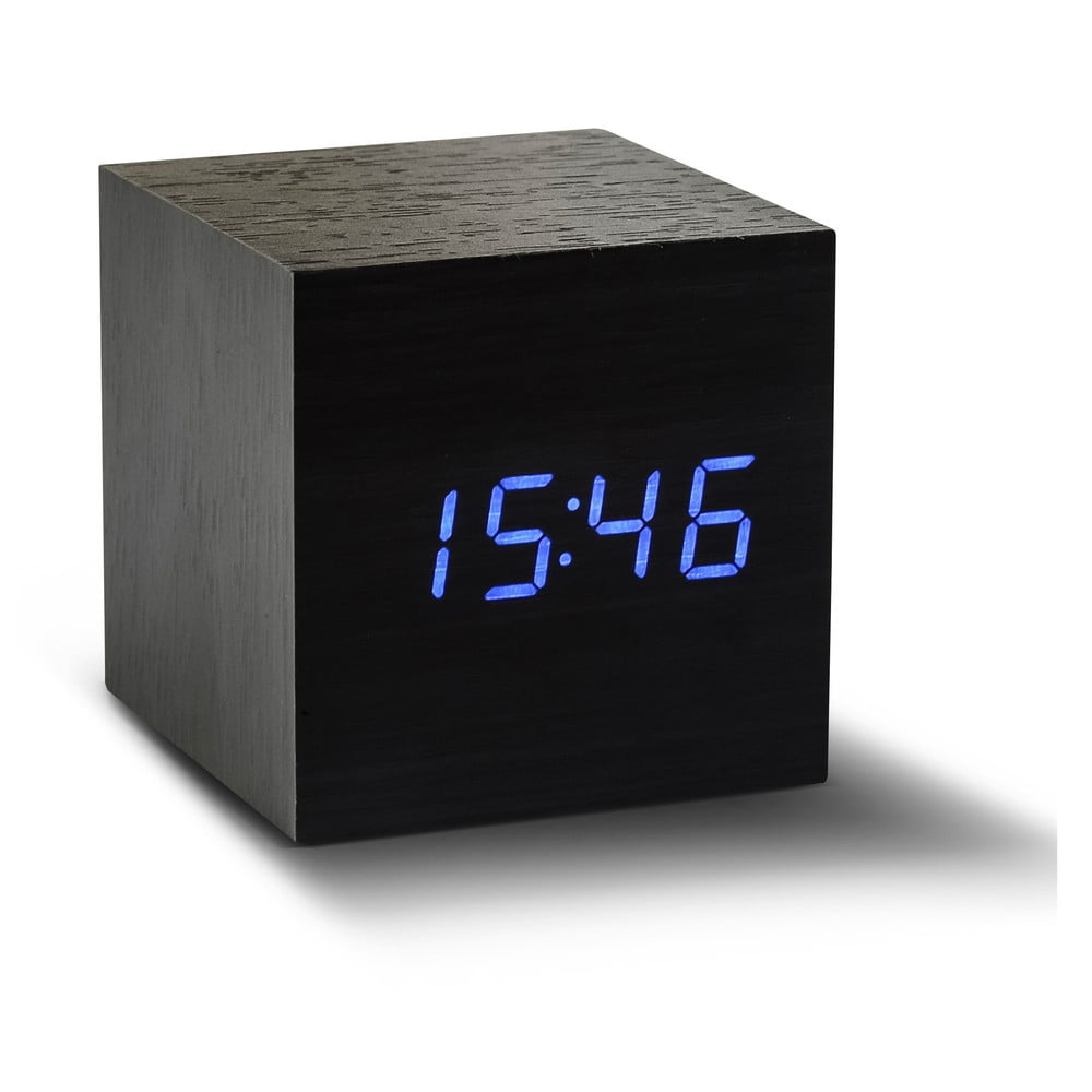 Černý budík s modrým LED displejem Gingko Cube Click Clock