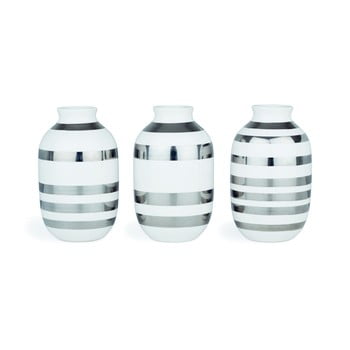 Set 3 Vază din ceramică cu detalii argintii Kähler Design Omaggio, înălțime 8 cm, alb