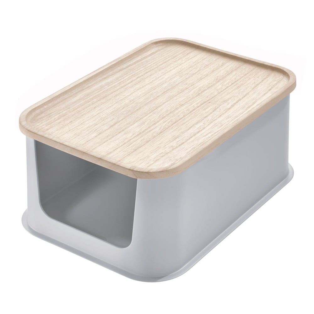 Šedý úložný box s víkem ze dřeva paulownia iDesign Eco Open, 21,3 x 30,2 cm
