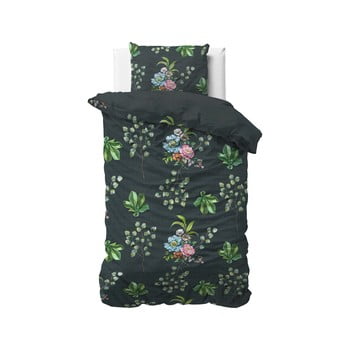 Lenjerie de pat din bumbac satinat, pentru pat de o persoană DH Botanical Dreams Nature Leaves Green, 140 x 200 cm
