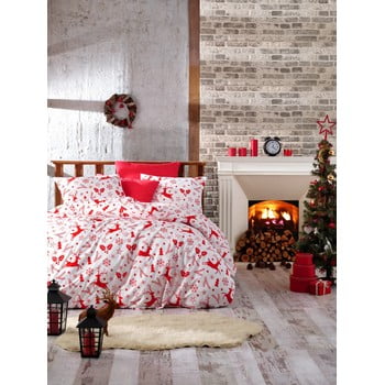 Lenjerie cu cearceaf pentru pat de o persoană, din bumbac ranforsat Nazenin Home Deer Red, 140 x 200 cm