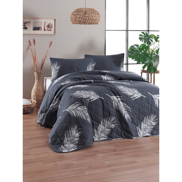 Modrý přehoz přes postel s povlakem na polštář z ranforce bavlny EnLora Home Olivia, 180 x 225 cm