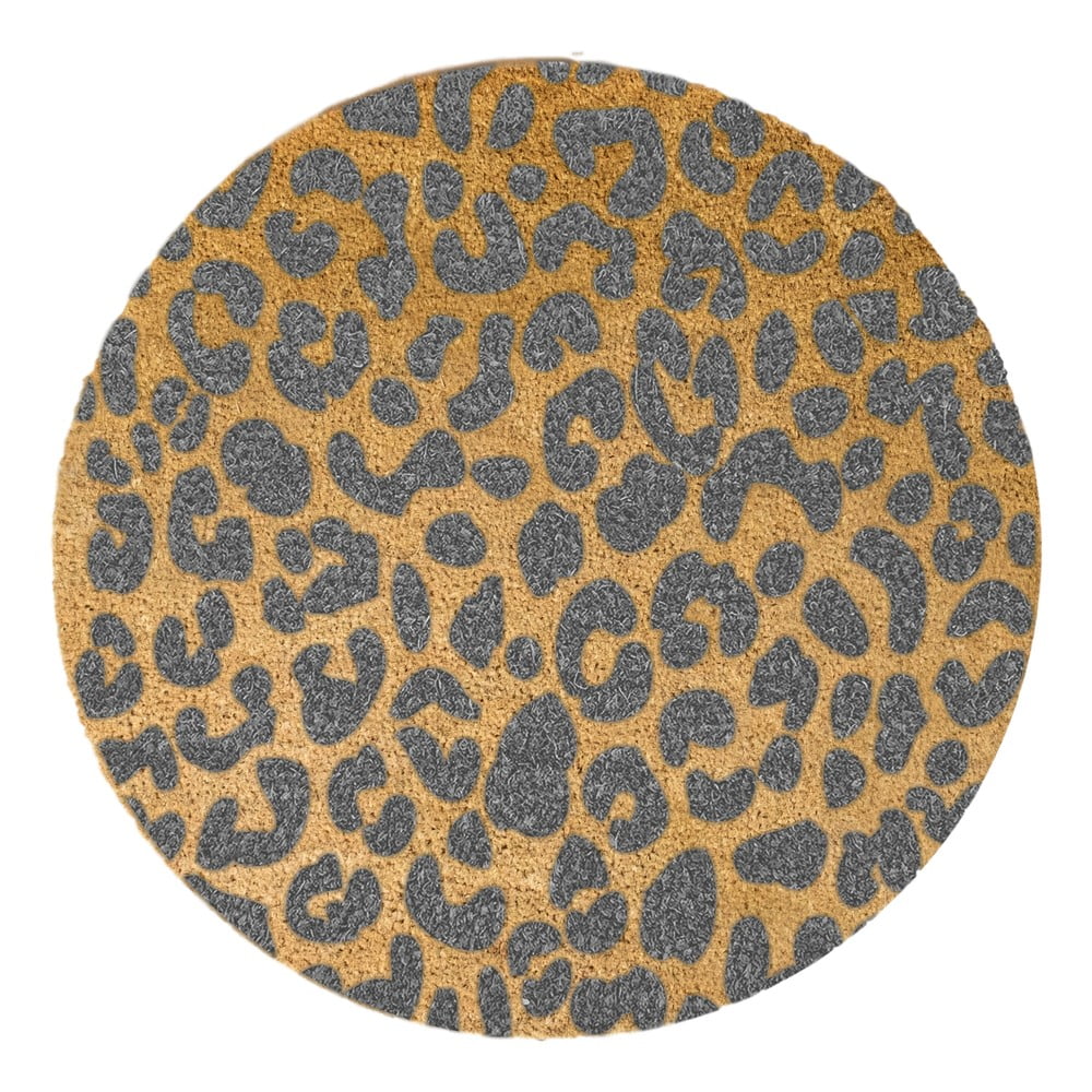 Šedá kulatá rohožka z přírodního kokosového vlákna Artsy Doormats Leopard, ⌀ 70 cm