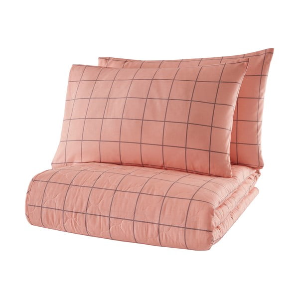 Růžový přehoz přes postel se 2 povlaky na polštář z ranforce bavlny EnLora Home Piga, 225 x 240 cm