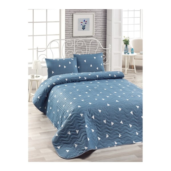 Set bavlněného modrého přehozu přes postel a 2 povlaků na polštáře Lesso Duro, 200 x 220 cm