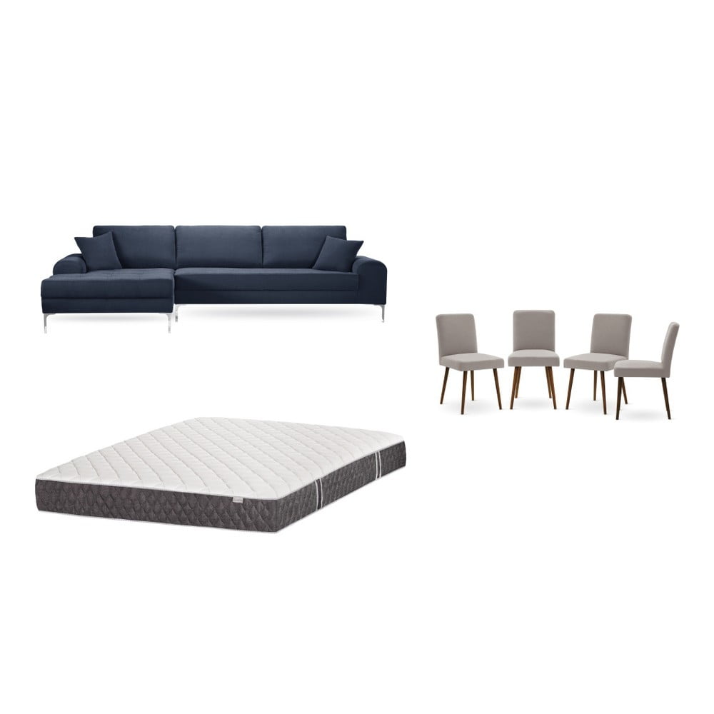 Set tmavě modré pohovky s lenoškou vlevo, 4 šedobéžových židlí a matrace 160 x 200 cm Home Essentials