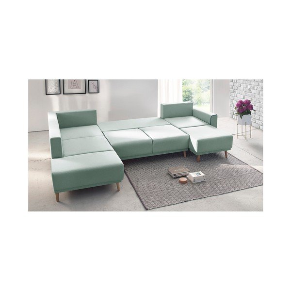 Mátově zelenárohová rozkládací pohovka s lenoškou Bobochic Paris Panoramique XXL Mola, pravý roh