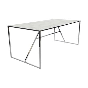 Masă din sticlă cu structură argintie rge glass marble effect, alb