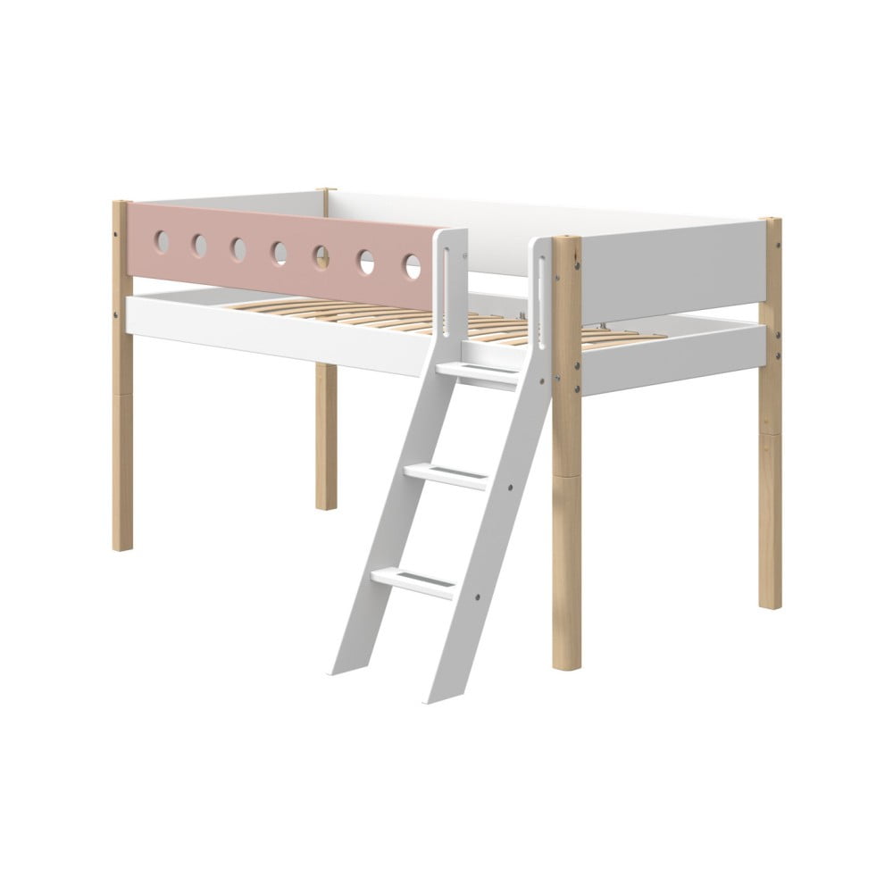 Růžovo-bílá dětská postel s žebříkem a nohami z březového dřeva Flexa White, výška 120 cm