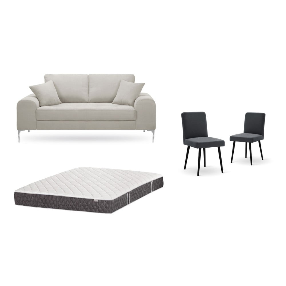 Set dvoumístné krémové pohovky, 2 antracitově šedých židlí a matrace 140 x 200 cm Home Essentials