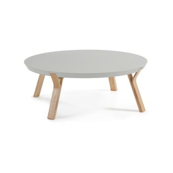 Măsuță de cafea cu picioare din lemn de frasin la forma solid, Ø 90 cm, gri deschis