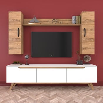 Set comodă TV, 2 dulapuri și raft de perete Wren, natural-alb imagine