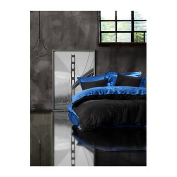 Lenjerie cu cearșaf din bumbac ranforce pentru pat dublu blue black, 200 x 220 cm