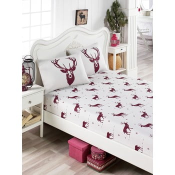 Set lenjerie și 2 fețe pernă din amestec de bumbac, pentru pat dublu EnLora Home Geyik Claret Red, 160 x 200 cm