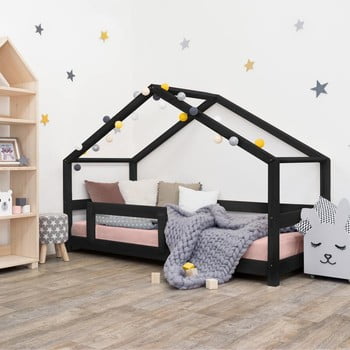 Pat negru tip căsuță cu protecție laterală pentru copii benlemi lucky, 120 x 200 cm