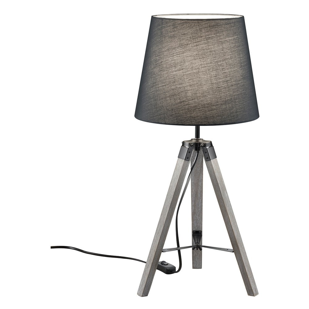 Šedá stolní lampa z přírodního dřeva a tkaniny Trio Tripod, výška 57,5 cm