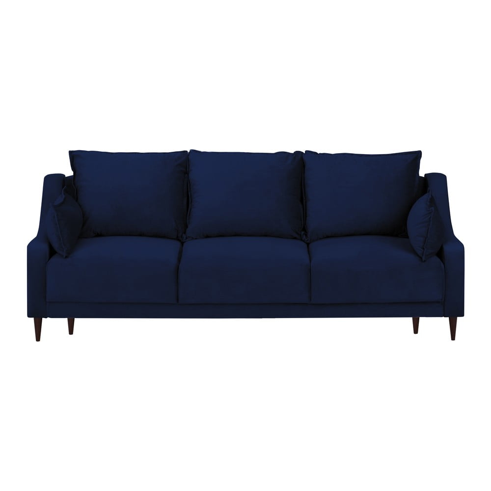 Modrá sametová rozkládací pohovka s úložným prostorem Mazzini Sofas Freesia, 215 cm