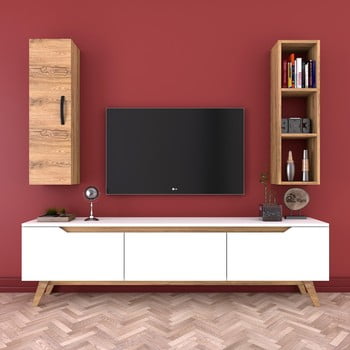 Set comodă TV, raft și dulap de perete Wren Nut, alb-natural imagine