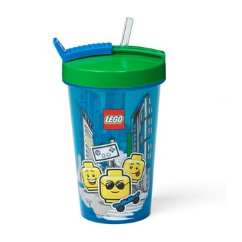 Pahar cu capac verde și pai lego® iconic, 500 ml, albastru