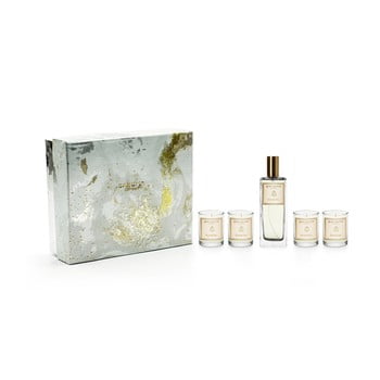 Set 4 lumânări parfumate și parfum de casă, în cutie de cadou, cu aromă de ciclamen și iasomie Bahoma London