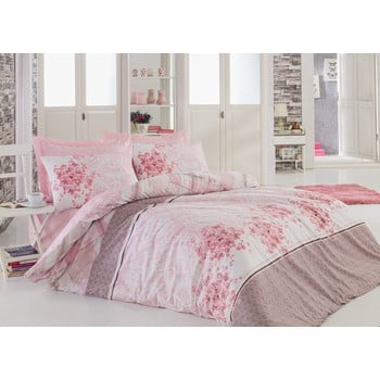 Lenjerie de pat cu cearșaf din bumbac pentru pat dublu Sonya Powder, 200 x 220 cm, roz
