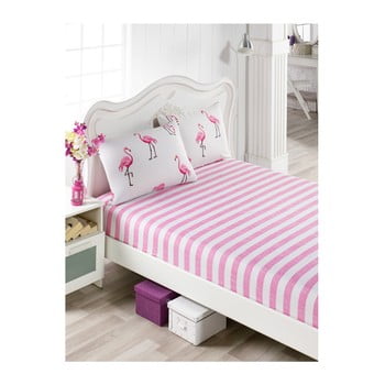 Set cearșaf și 2 fețe de pernă din bumbac flamingos, 100 x 200 cm, roz