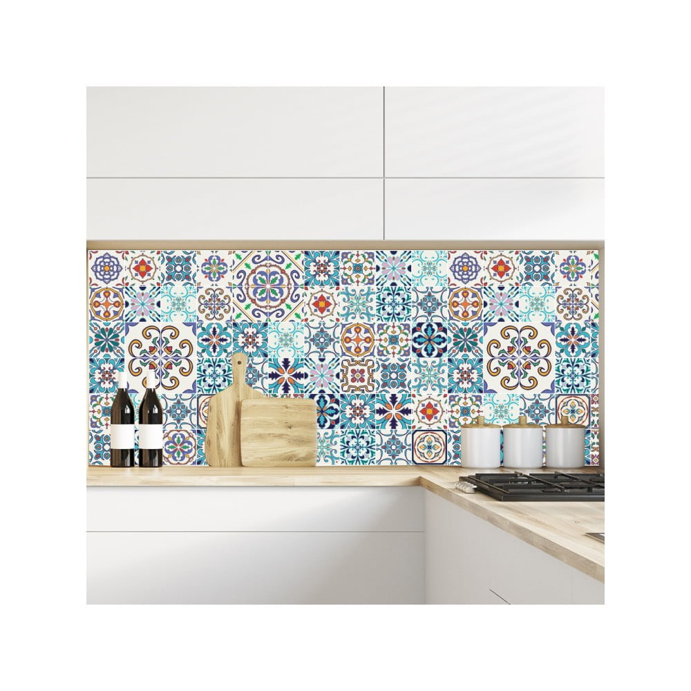 Sada 60 nástěnných samolepek Ambiance Tiles Azulejos Antibes, 10 x 10 cm