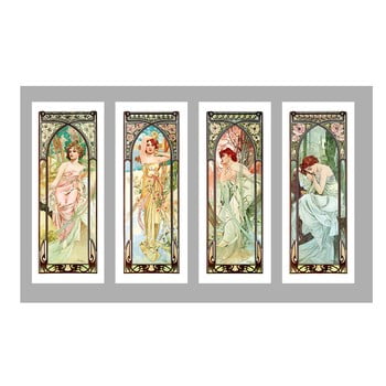Set 4 reproduceri trablou alfonse muchy - times of the day, 40 x 100 cm