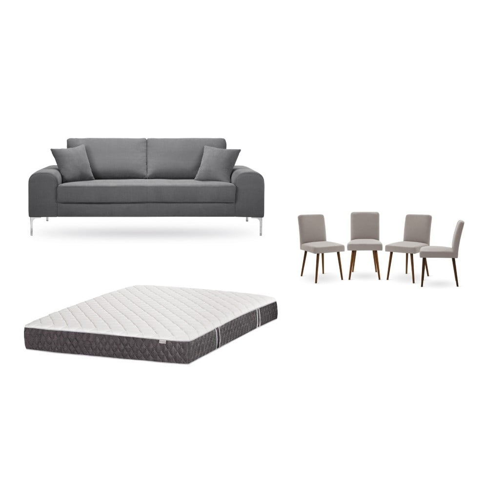 Set třímístné šedé pohovky, 4 šedobéžových židlí a matrace 160 x 200 cm Home Essentials