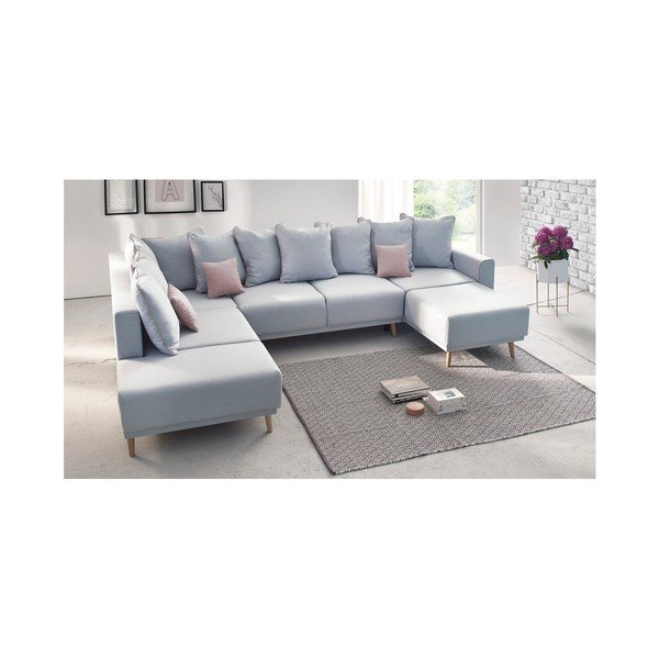 Pastelově modrá rohová rozkládací pohovka s lenoškou Bobochic Paris Panoramique XXL Mola, pravý roh