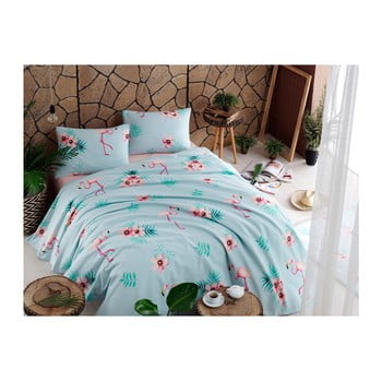 Set cuvertură din bumbac, cearșaf și 2 fețe de pernă flamenco mint, 200 x 235 cm