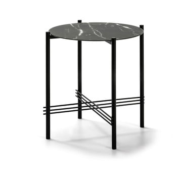 Măsuță auxiliară cu blat din sticlă în decor de marmură marckeric, ø 47 cm, negru
