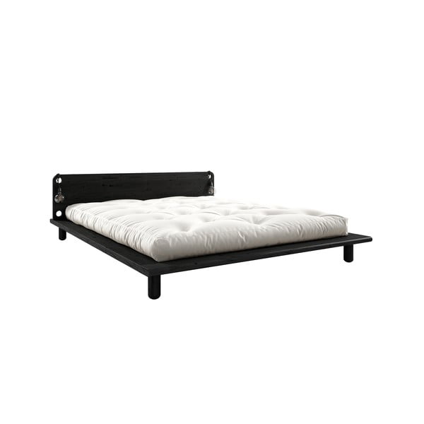 Černá dvoulůžková postel z masivního dřeva s čelem, lampičkami a matrací Comfort Karup Design Peek, 160 x 200 cm