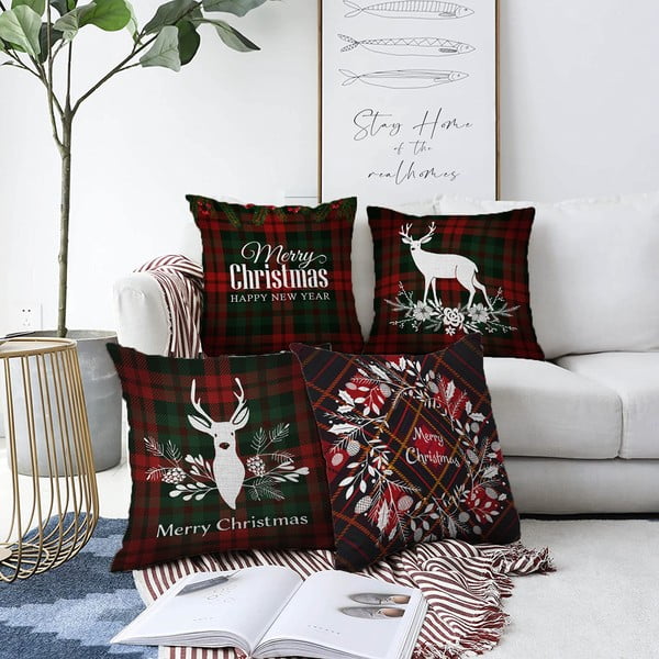 Sada 4 vánočních žinylkových povlaků na polštář Minimalist Cushion Covers Tartan Merry Christmas, 55 x 55 cm