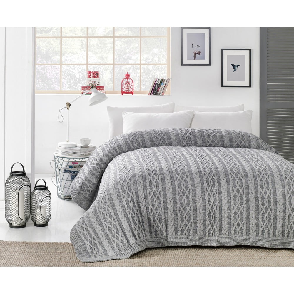 Šedý přehoz přes postel s příměsí bavlny Homemania Decor Knit, 220 x 240 cm