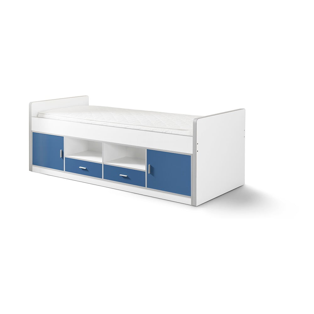 Bílo-modrá dětská postel s úložným prostorem Vipack Bonny, 200 x 90 cm