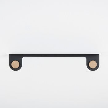 Raft de perete din oțel și detalii din lemn de stejar, cu 2 cârlige gazzda hook, lungime 70 cm, negru