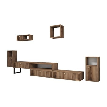 Set comodă tv și 4 rafturi perete în decor de lemn de nuc ratto lux