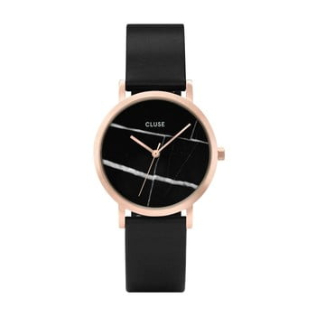 Ceas damă, curea din piele şi cadran marmorat cluse la roche petite rose, negru