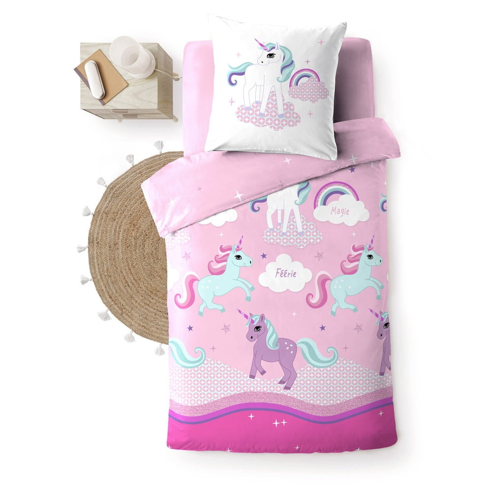 Růžové bavlněné dětské povlečení na jednolůžko 140x200 cm Licorne – douceur d'intérieur